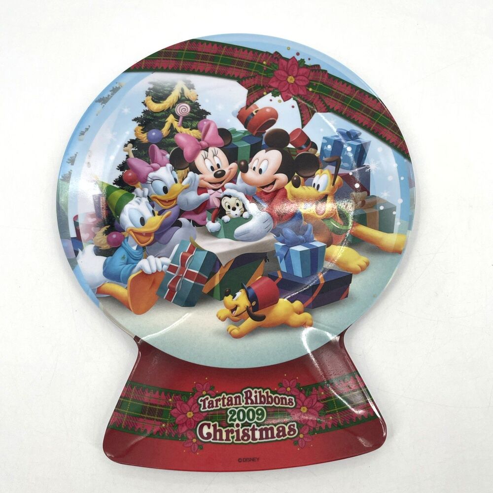 Disney Store Japan 2009 Christmas Plate Tartan Ribbons Snowglobe Mickey Melamine